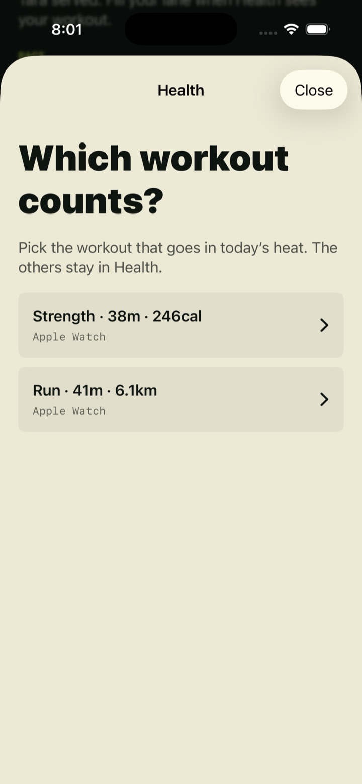 Volley screen titled Which workout counts, listing a strength workout and a run from Apple Watch