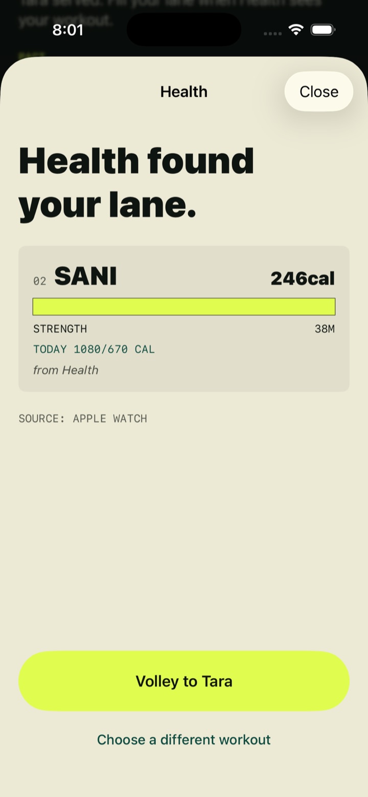 Volley screen titled Health found your lane, showing a filled lane with workout type, duration and calories