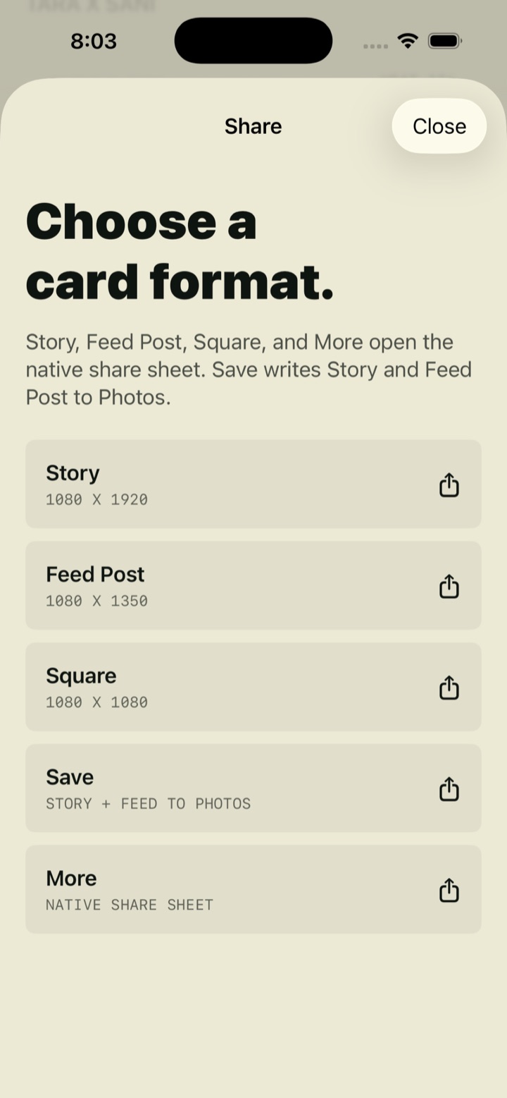Volley share screen offering Story, Feed Post, Square, Save to Photos and the native share sheet